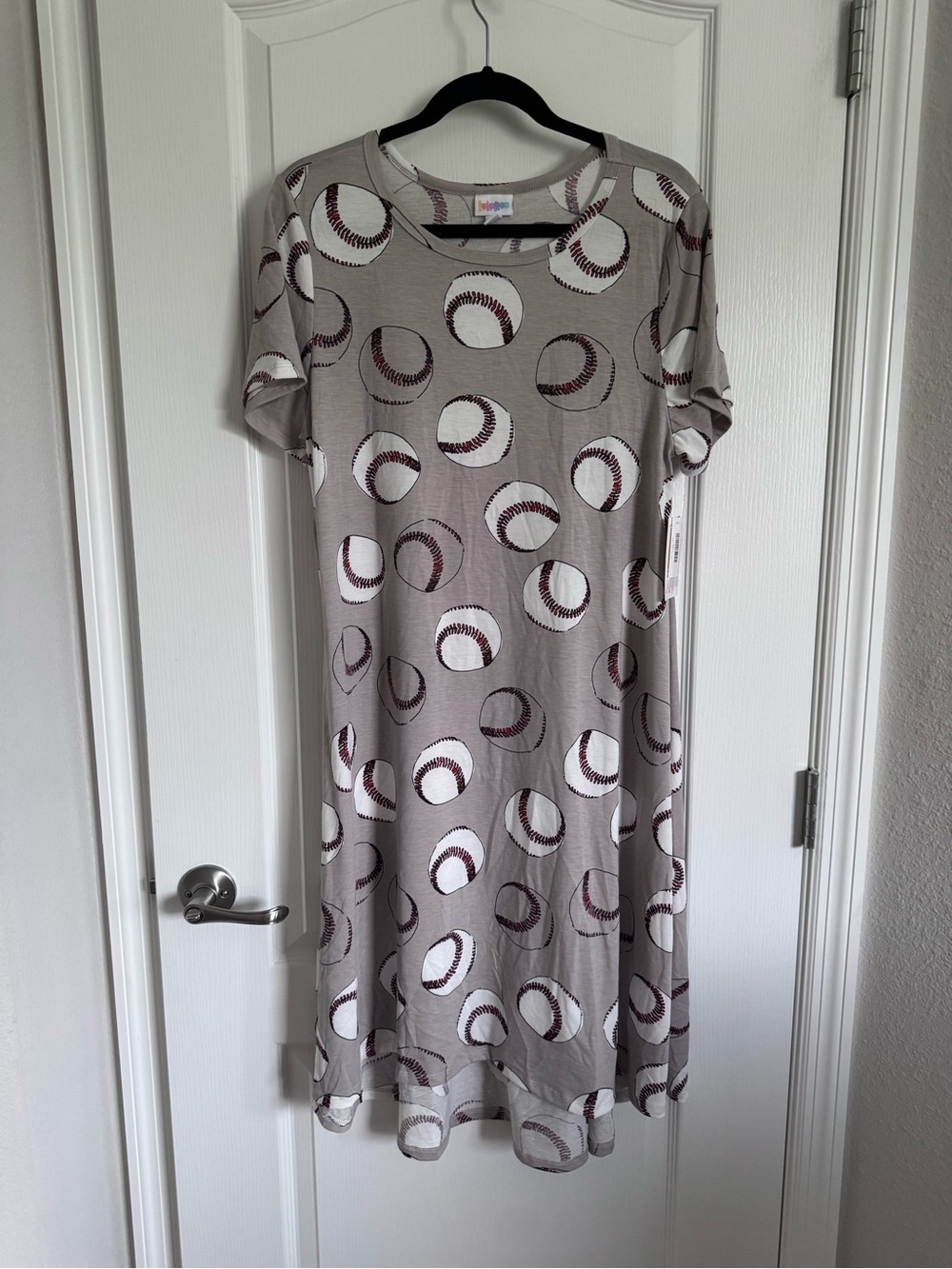 LuLaRoe Carly Taupe Baseball Print Midi Dress